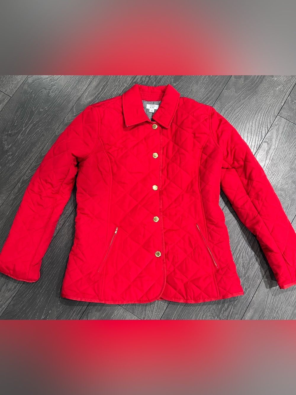 Crown & Ivy Red Quilted Barn Jacket Gingham Lining Gold Buttons Womens S